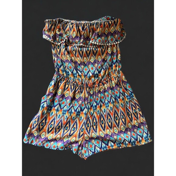 Boho Tube Top Romper Small Tribal Print Elastic Waist Ruffle Pom Trim Coachella - Picture 1 of 13